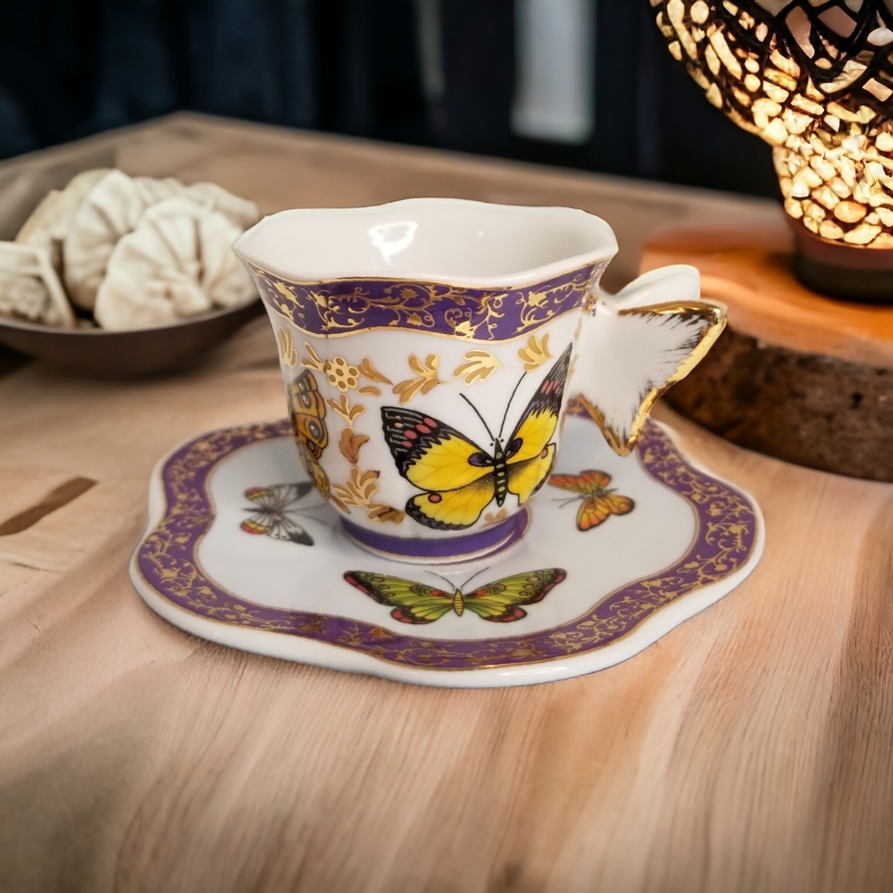 Butterflies Tea Cup & Saucer Formalities Baum Bros 10k Gold Trim